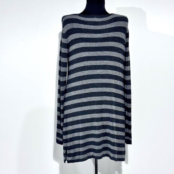 Eileen Fisher Small Black Gray Striped Long Sleeve Cozy Tunic Dress W/Pockets - Picture 5 of 9